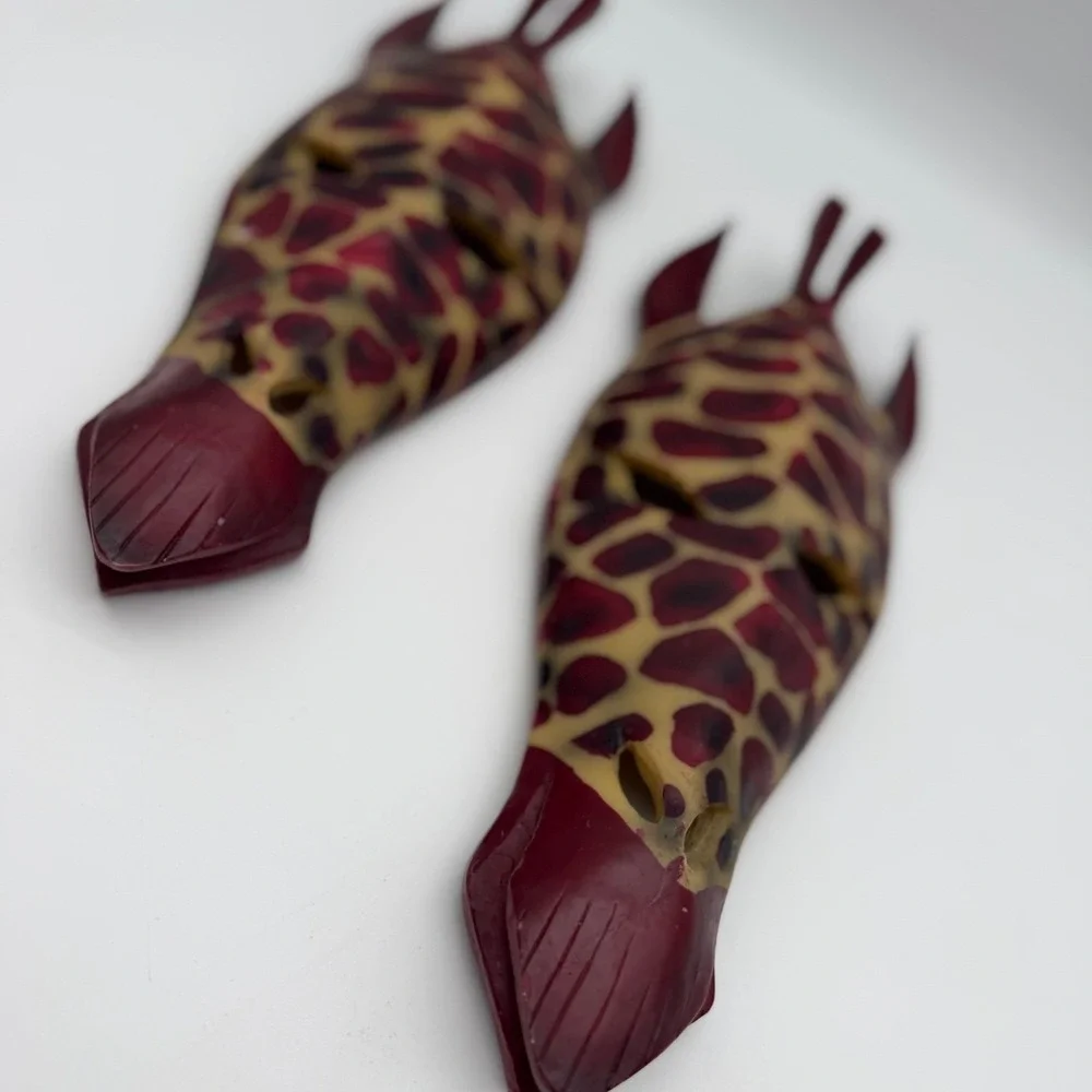 Vintage African Inspired Giraffe Mask Wall Decor Set of 2 Burgundy Animal Print